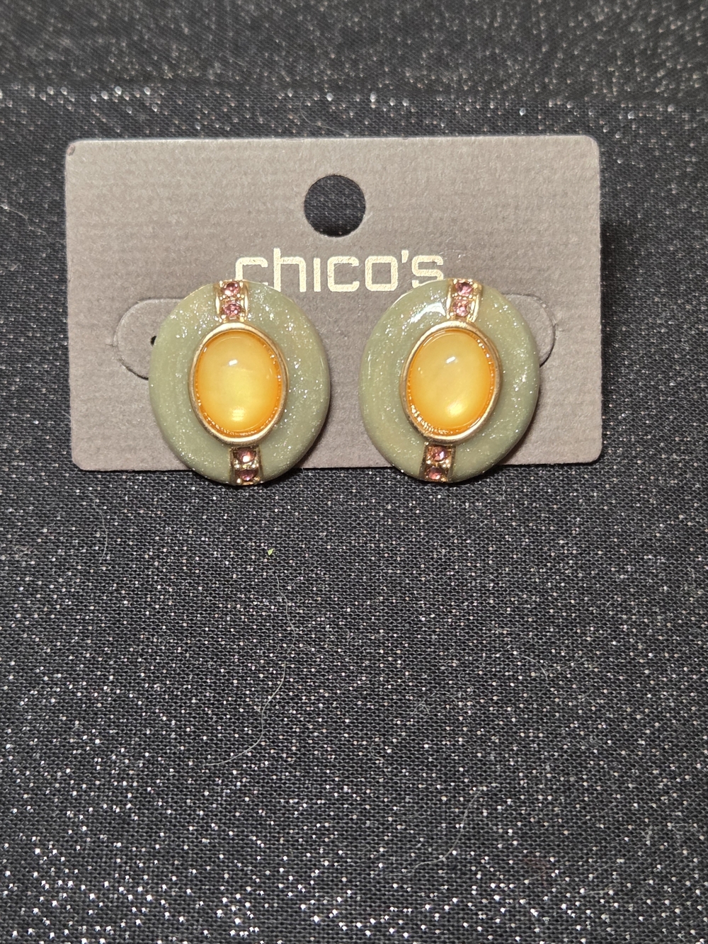 Chico's Olive Green and Yellow Resin Stud Earrings with Pink Accents